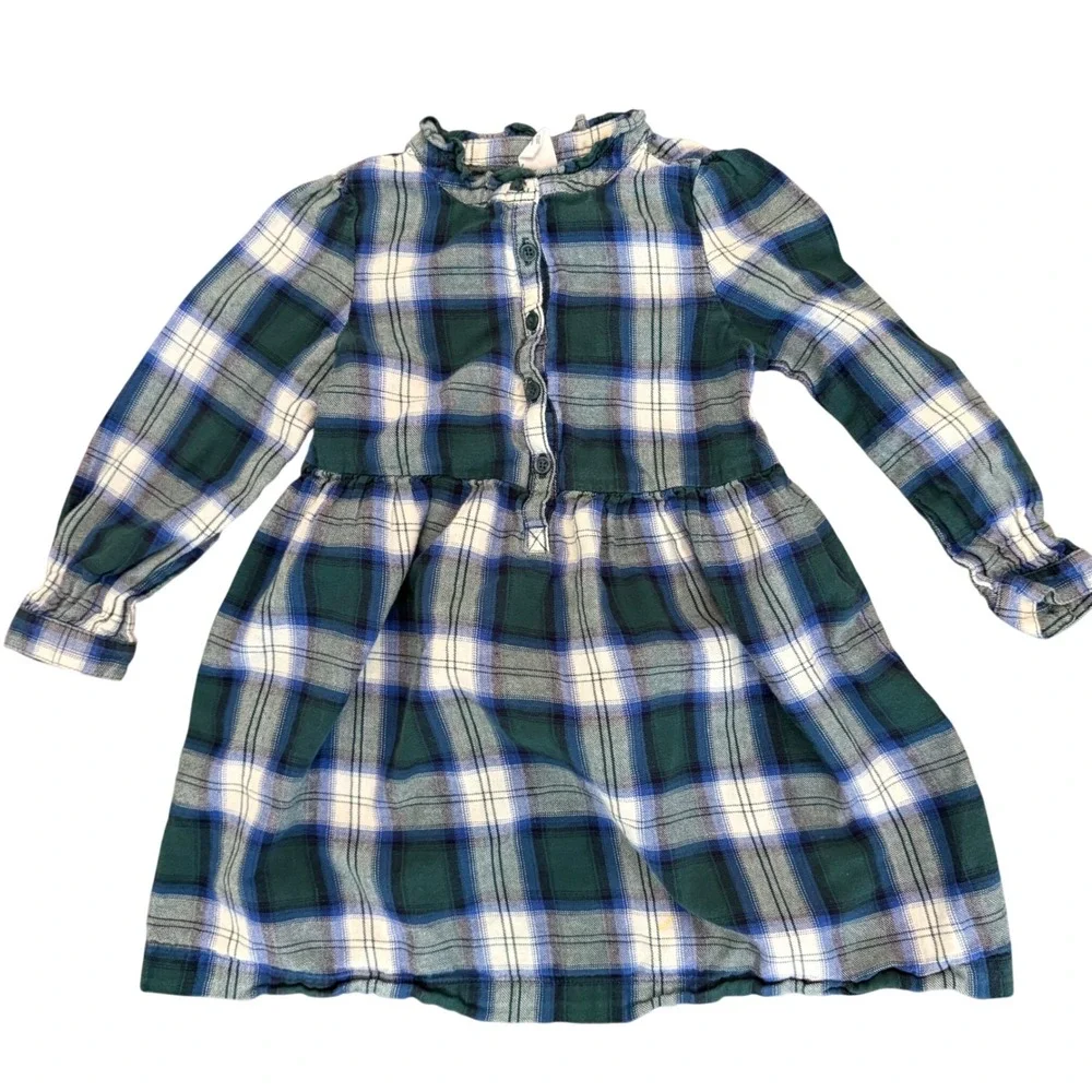 Baby Gap Kids Green Blue Plaid Flannel Long Sleeve Ruffle Collar Dress 4T